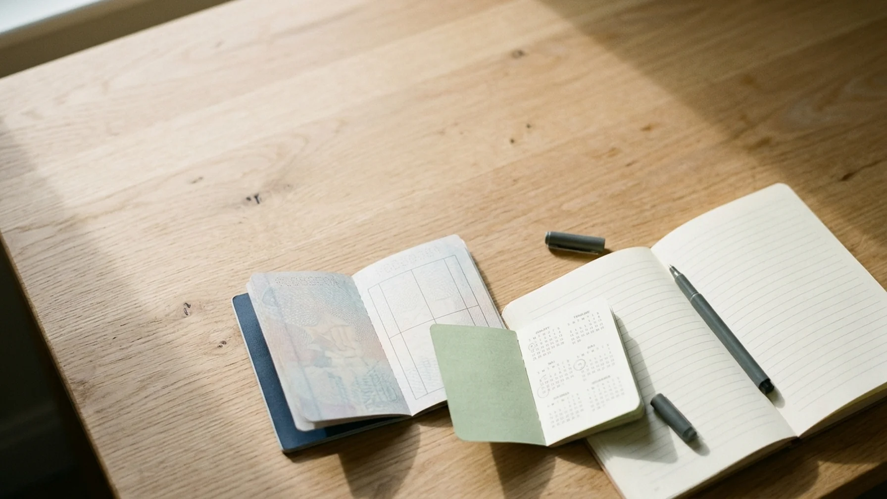 Passport, a small calendar with days marked, and a notebook on a wooden desk beside a window