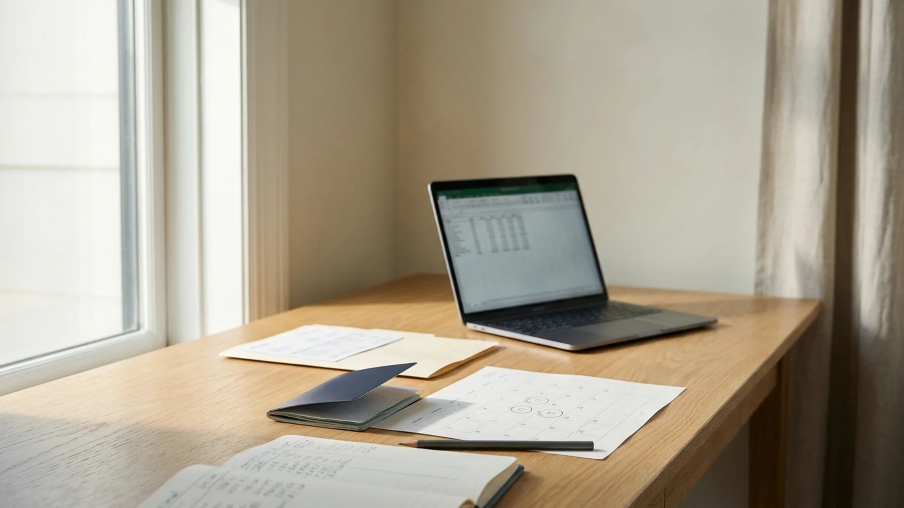 A wooden desk by a window with a passport, a paper calendar with dates circled, a folder of bank statements and a laptop showing a spreadsheet, morning light across the surface